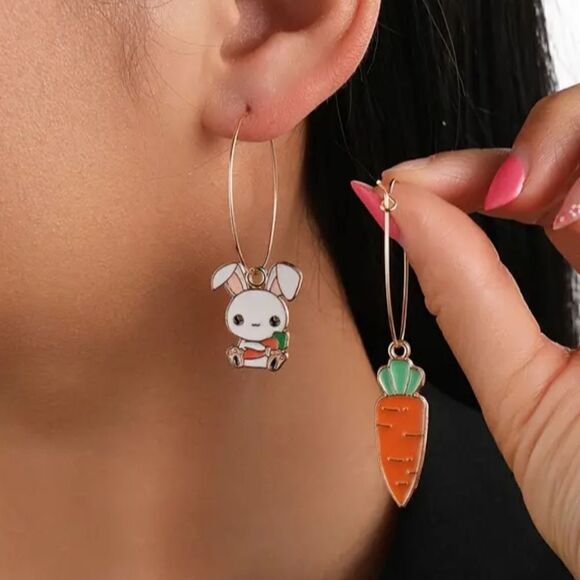 3 for $26 - Bunny Rabbit & Carrot Hoop Earrings - Picture 1 of 4